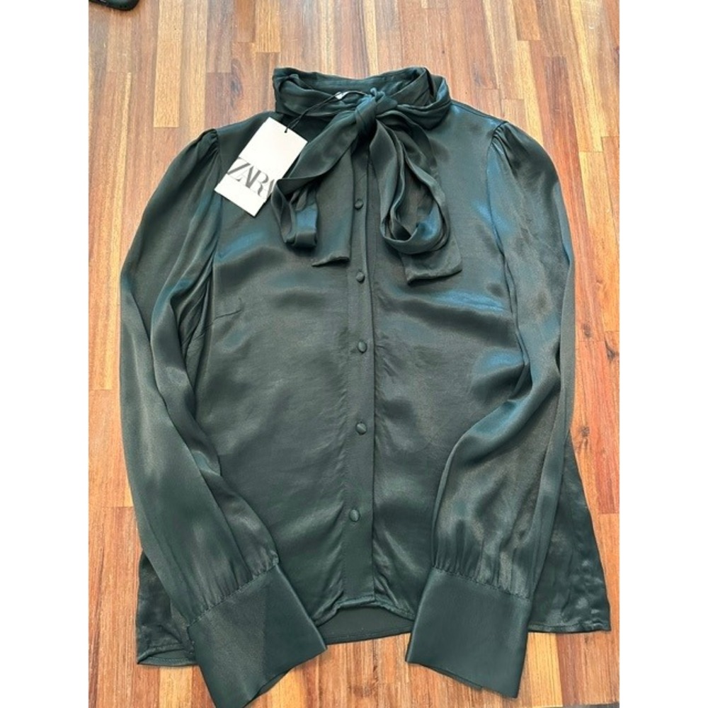 Zara Satin Tie Neck Blouse Forest Green Button Down Top Small NEW